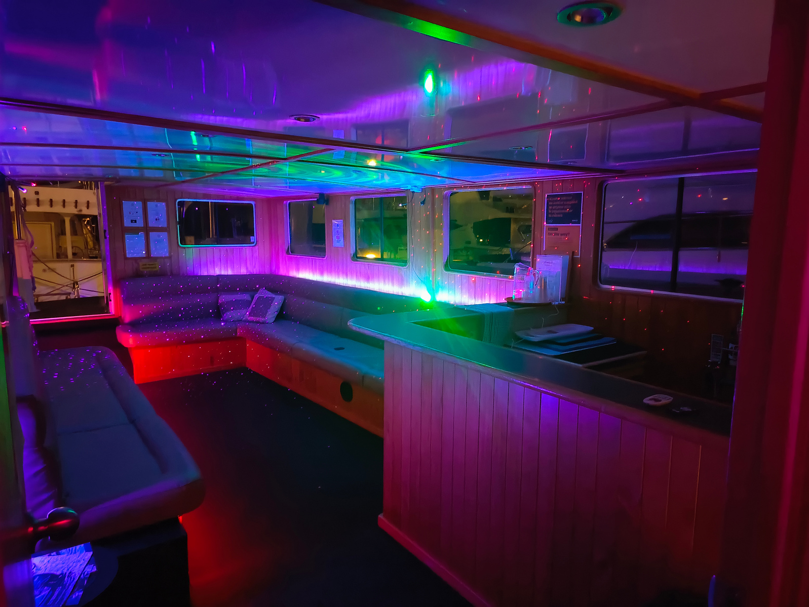 Amazing Cabin Layout and Interior, RGB Lighting Cast onto the Kauri Honey Glow Finish Woodwork